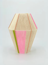 Load image into Gallery viewer, A handwoven table lamp with geometric shapes, featuring natural cotton linen blend base with bright pink, rose, pale rose, lime, gold and natural cotton accents, and a pink exposed metal frame-product photo on white background
