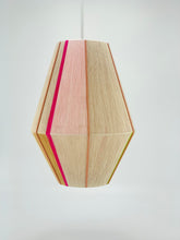 Load image into Gallery viewer, A handwoven pendant light with geometric shapes, featuring natural cotton linen blend base with bright pink, rose, pale rose, lime, gold and natural cotton accents, and a pink exposed metal frame-product photo on white background
