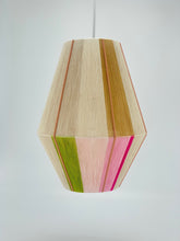 Load image into Gallery viewer, A handwoven pendant light with geometric shapes, featuring natural cotton linen blend base with bright pink, rose, pale rose, lime, gold and natural cotton accents, and a pink exposed metal frame-product photo on white background
