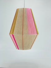 Load image into Gallery viewer, A handwoven pendant light with geometric shapes, featuring natural cotton linen blend base with bright pink, rose, pale rose, lime, gold and natural cotton accents, and a pink exposed metal frame-product photo on white background
