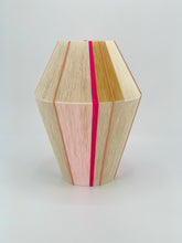 Load image into Gallery viewer, A handwoven table lamp with geometric shapes, featuring natural cotton linen blend base with bright pink, rose, pale rose, lime, gold and natural cotton accents, and a pink exposed metal frame-product photo on white background
