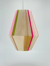 Load image into Gallery viewer, A handwoven pendant light with geometric shapes, featuring natural cotton linen blend base with bright pink, rose, pale rose, lime, gold and natural cotton accents, and a pink exposed metal frame-product photo on white background
