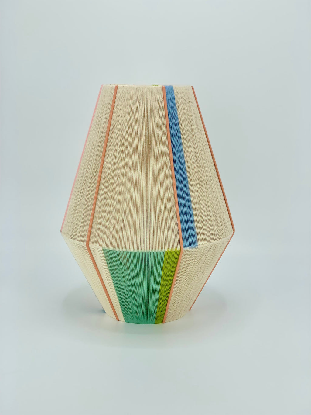 Alice Baya pendant light handwoven in blue, green, lime and natural yarns by Skye Lightly.