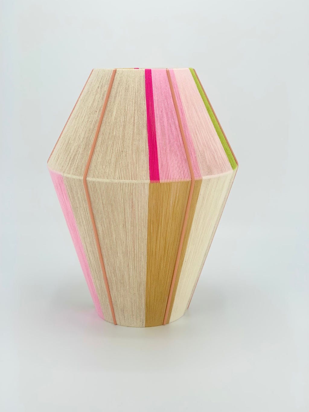 Lana Baya pendant light handwoven in bright pink, rose, lime, gold and natural yarns by Skye Lightly