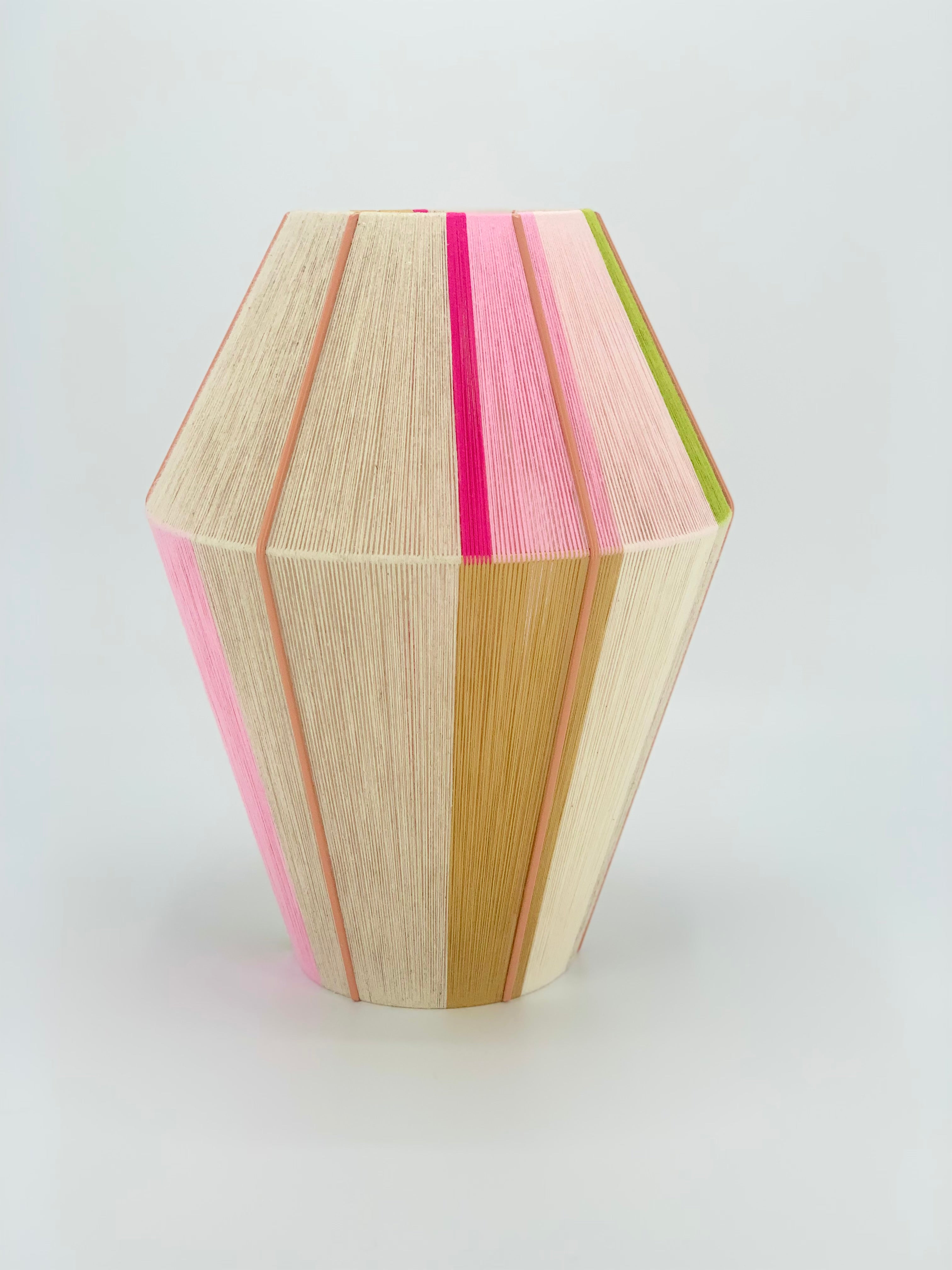 Lana Baya pendant light handwoven in bright pink, rose, lime, gold and natural yarns by Skye Lightly