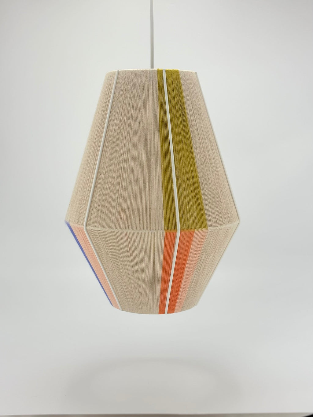 middle view of Parker Baya pendant light handwoven in mustard, orange, peach and periwinkle yarns by Skye Lightly