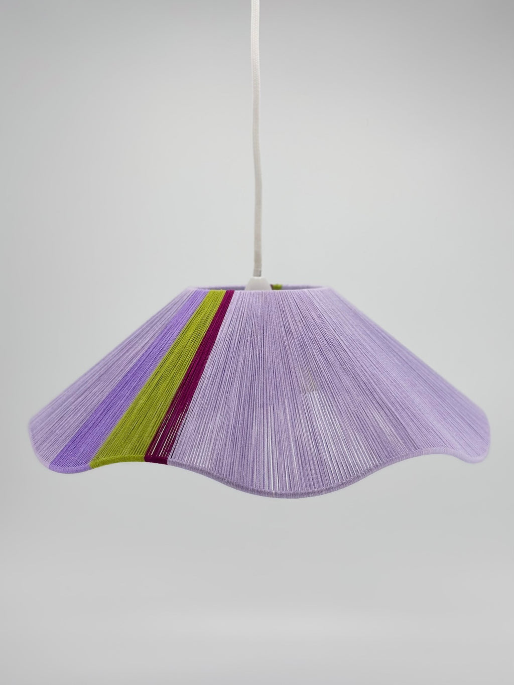 Iona Wave pendant light in lilac with green and raspberry stripes, handwoven by Skye Lightly