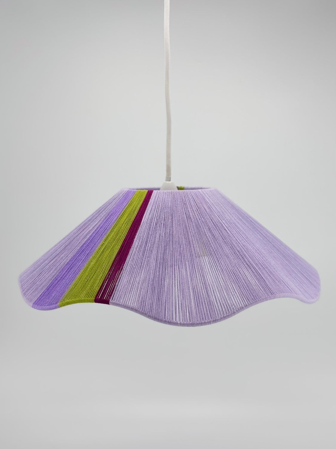 Iona Wave pendant light in lilac with green and raspberry stripes, handwoven by Skye Lightly