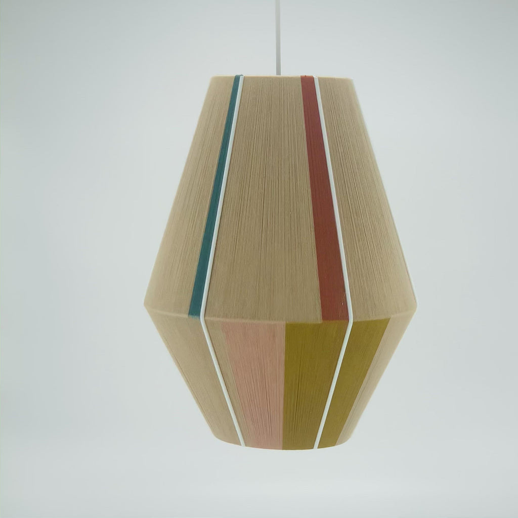 Casey Baya pendant light handwoven in periwinkle, blush, coral and natural yarns by Skye Lightly
