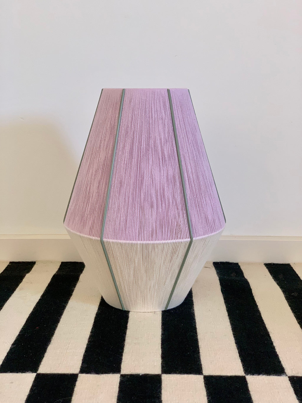 cntre view of Hey Day Baya pendant light handwoven in lilac and eucalyptus yarns by Skye Lightly