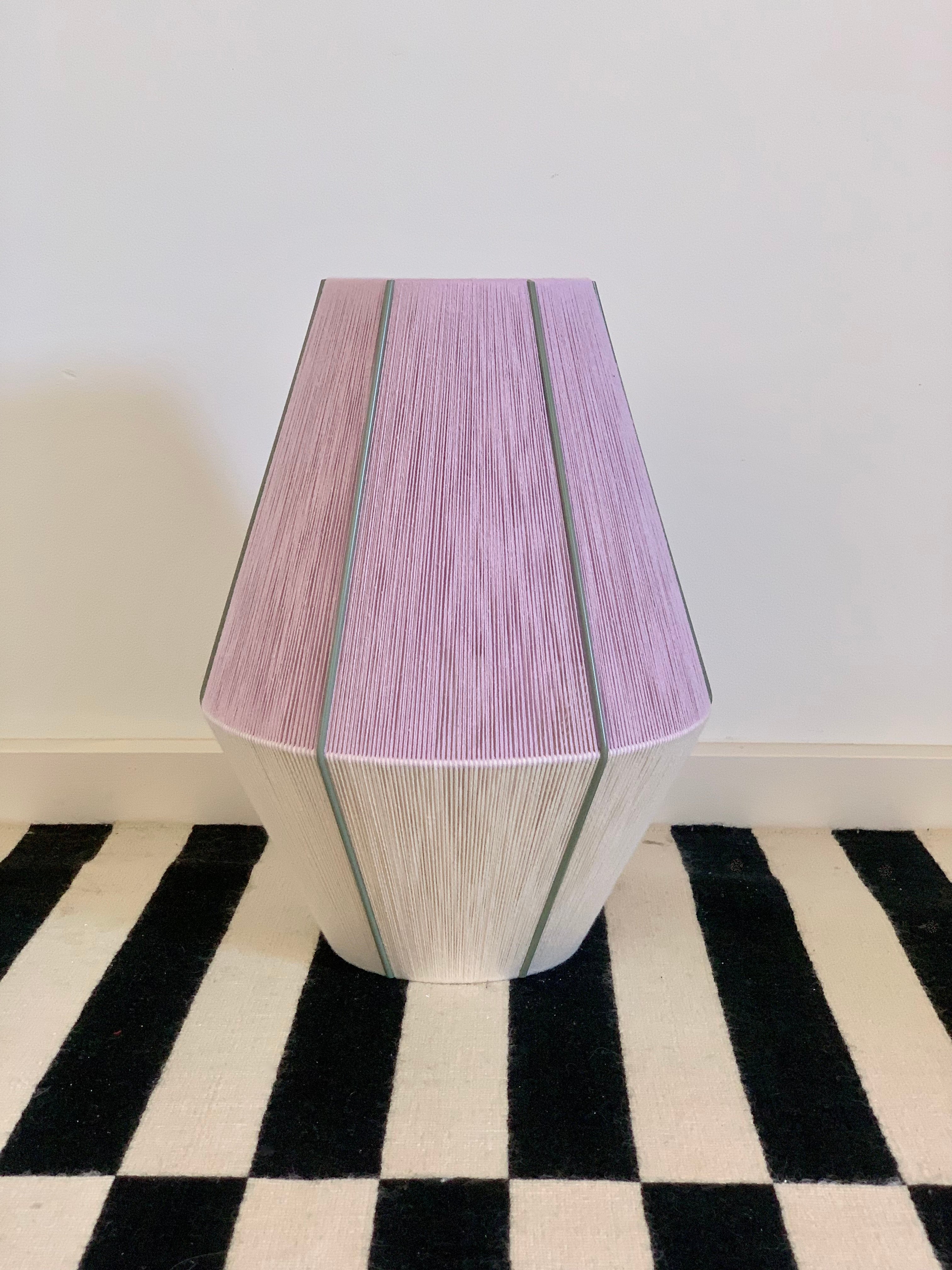 cntre view of Hey Day Baya pendant light handwoven in lilac and eucalyptus yarns by Skye Lightly