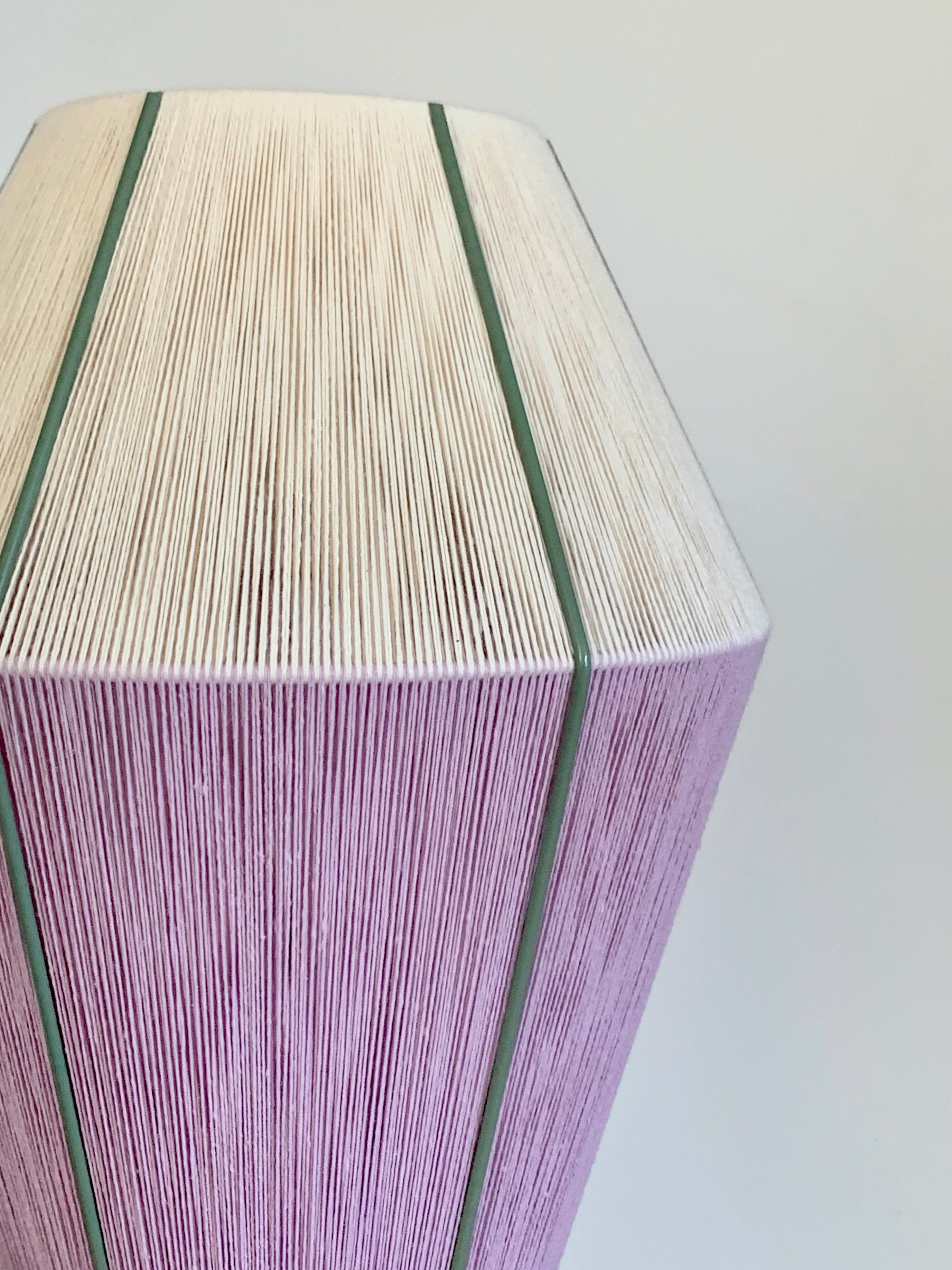 close view Hey Day Baya pendant light handwoven in lilac and eucalyptus yarns by Skye Lightly

