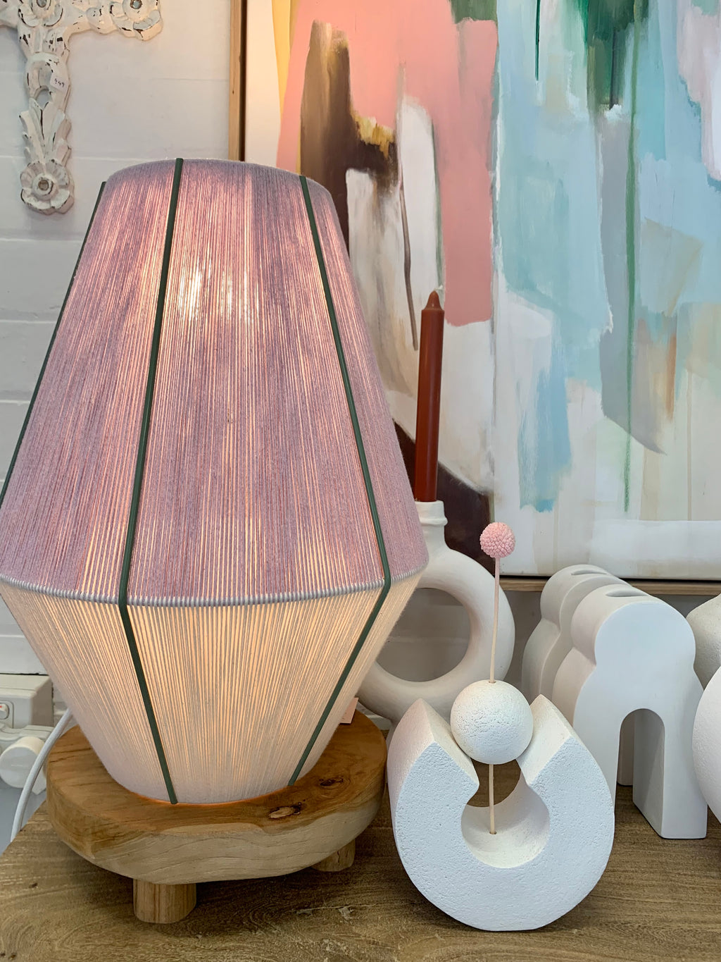 lifestyle shot of Hey Day Baya pendant light handwoven in lilac and eucalyptus yarns by Skye Lightly