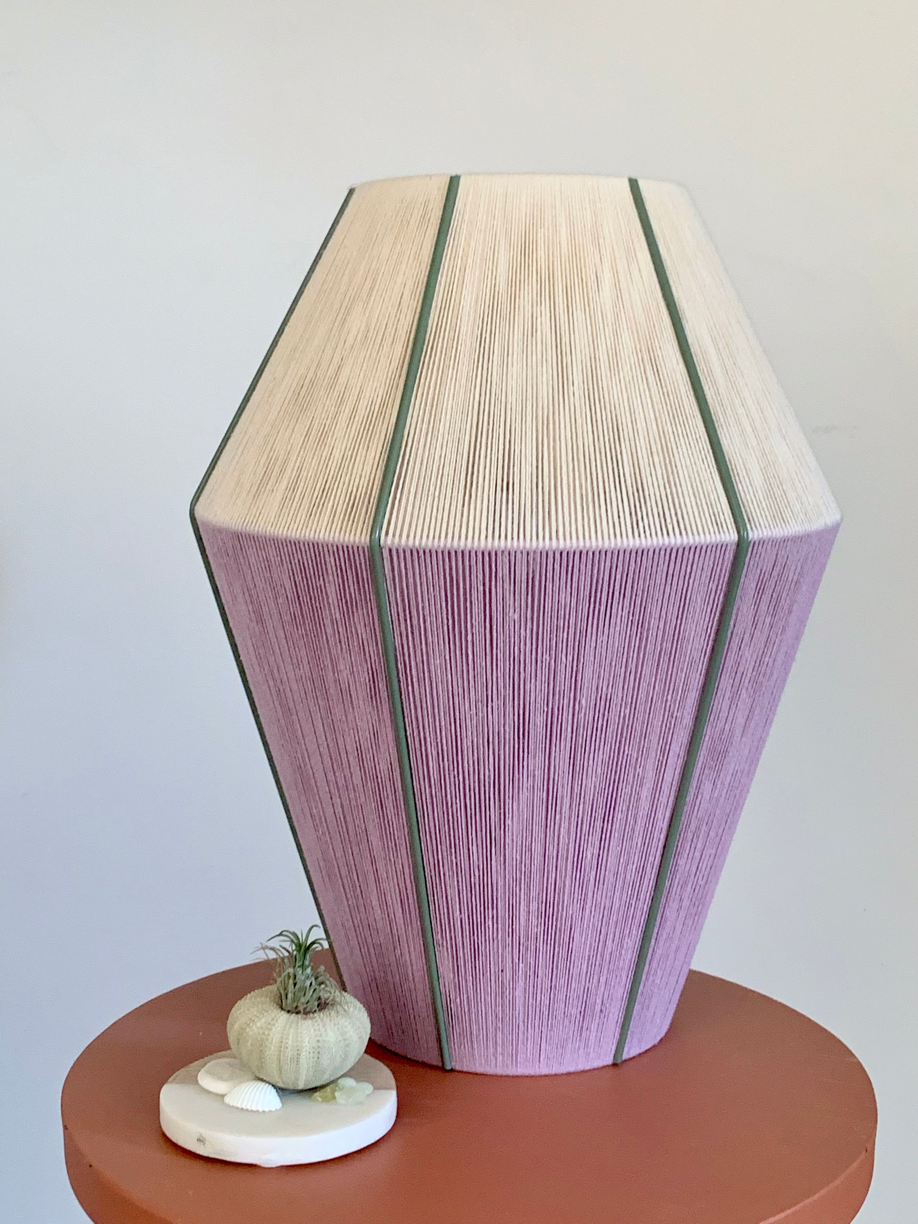 Hey Day Baya pendant light handwoven in lilac and eucalyptus yarns by Skye Lightly