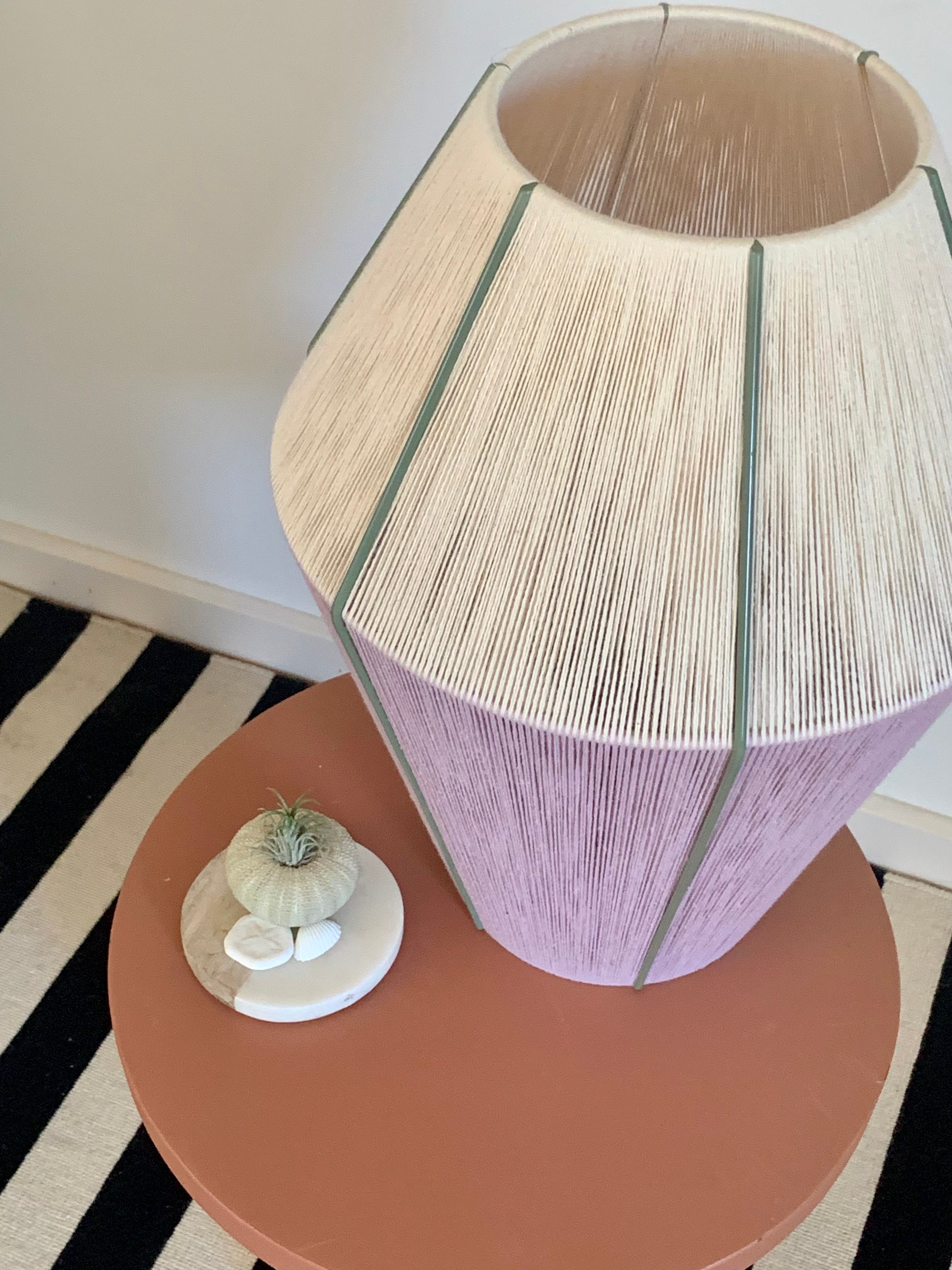 top view of Hey Day Baya pendant light handwoven in lilac and eucalyptus yarns by Skye Lightly