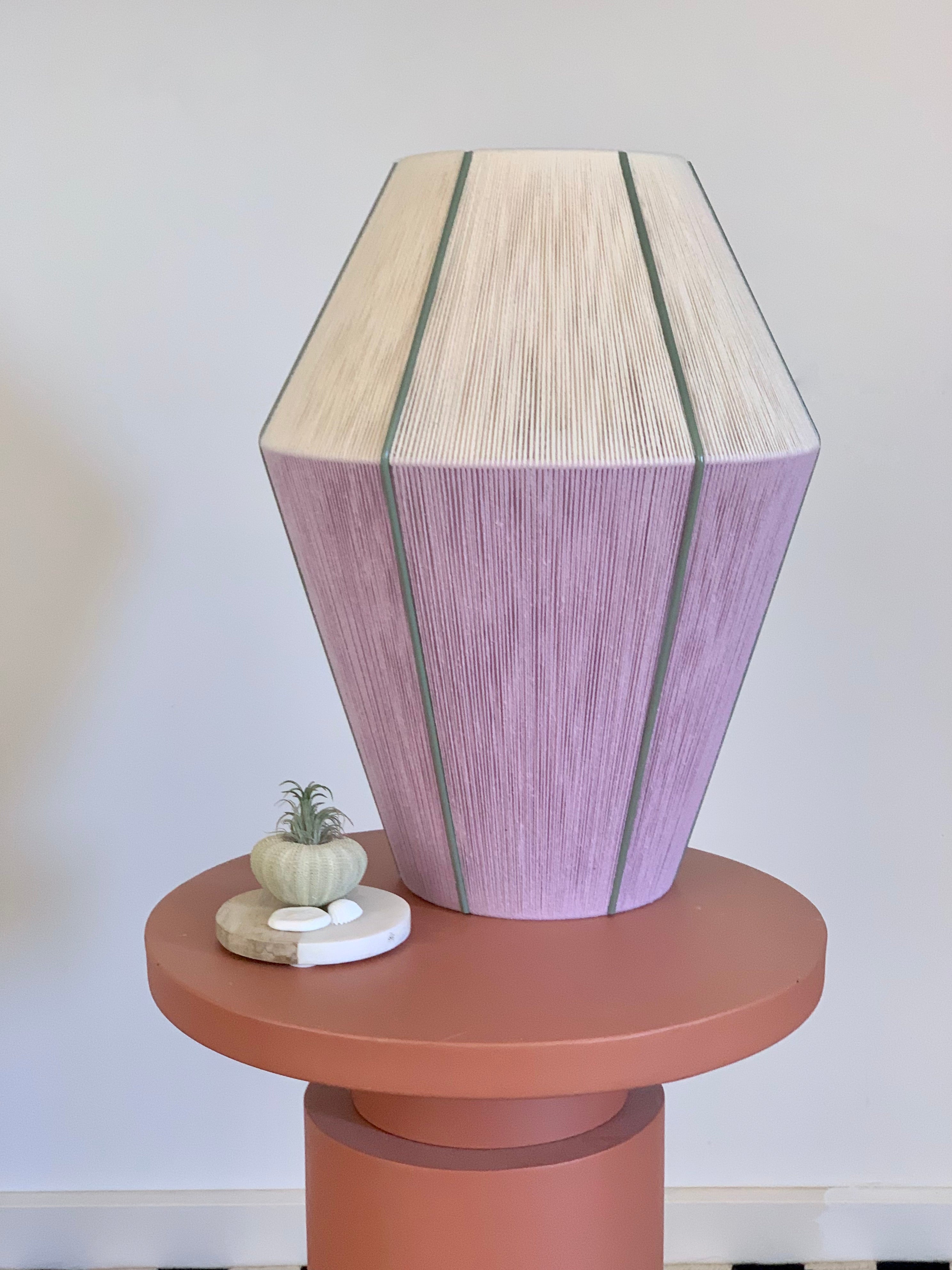 zoomed out image of Hey Day Baya pendant light handwoven in lilac and eucalyptus yarns by Skye Lightly
