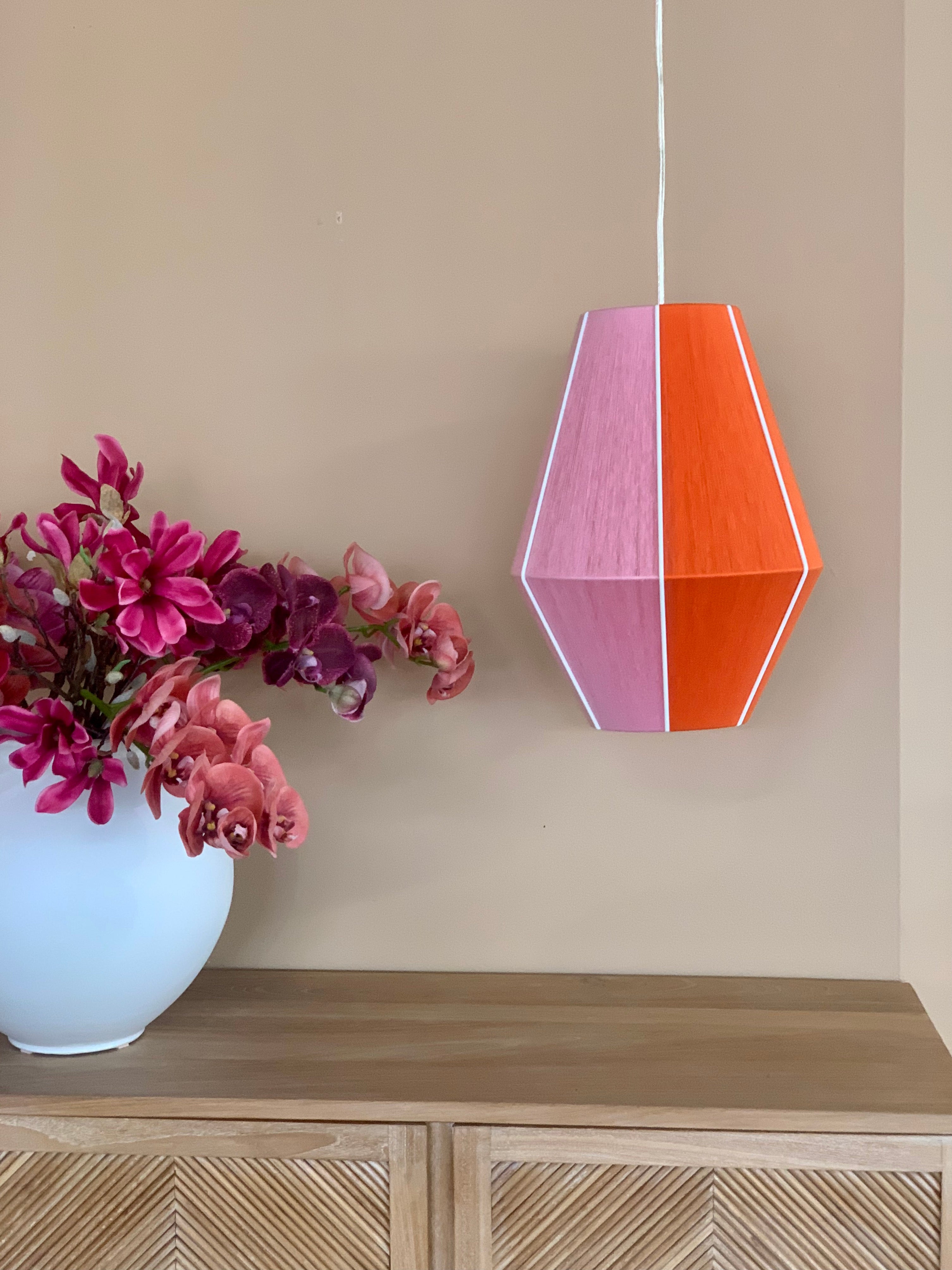 Image 3 Brooke Baya pendant light handwoven in teal, apricot, periwinkle, and natural yarns by Skye Lightly