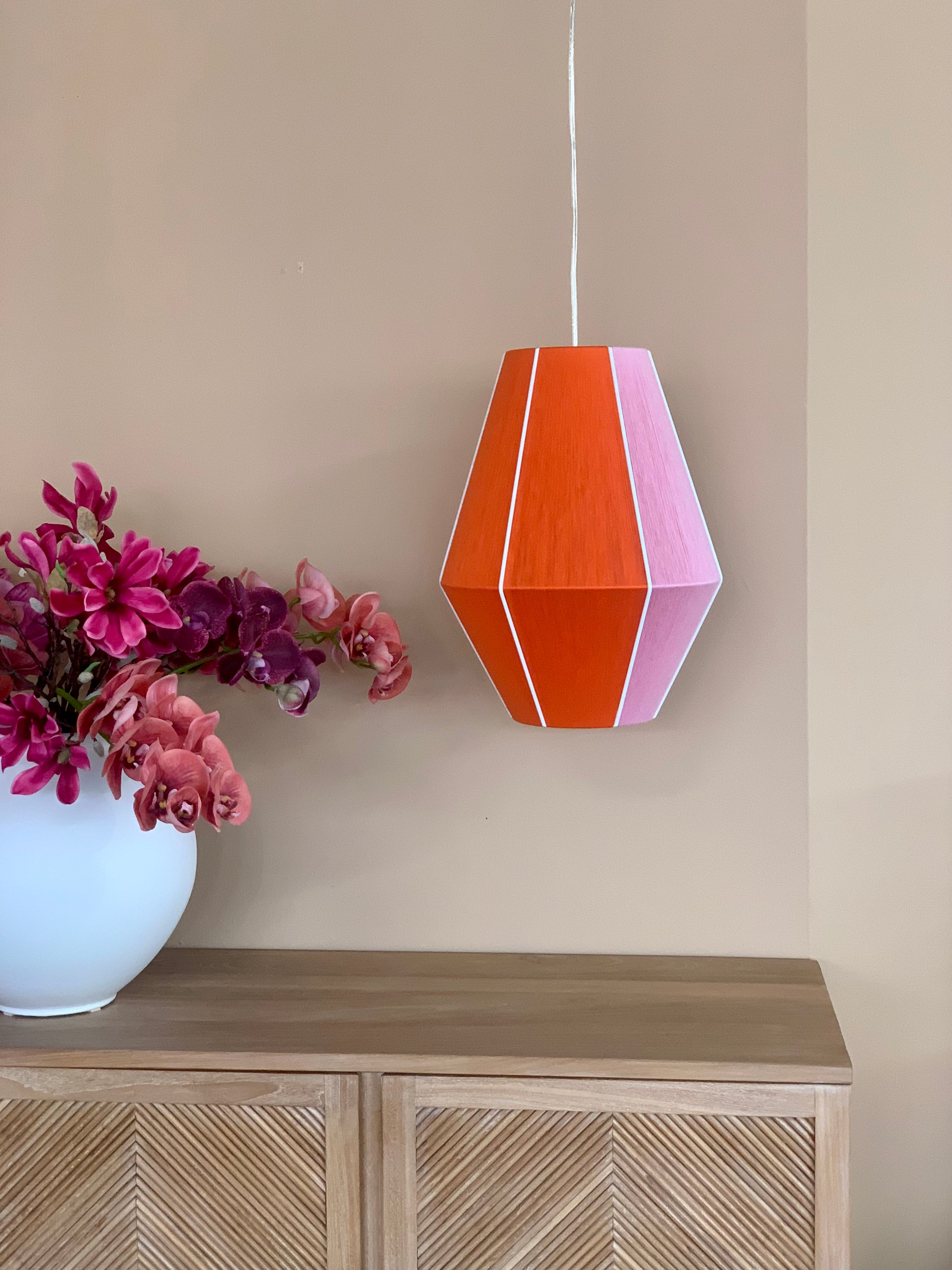 image 1 Brooke Baya pendant light handwoven in teal, apricot, periwinkle, and natural yarns by Skye Lightly