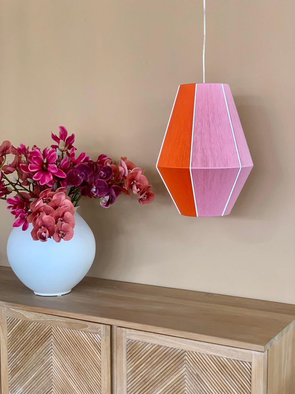 Image 2 Brooke Baya pendant light handwoven in teal, apricot, periwinkle, and natural yarns by Skye Lightly