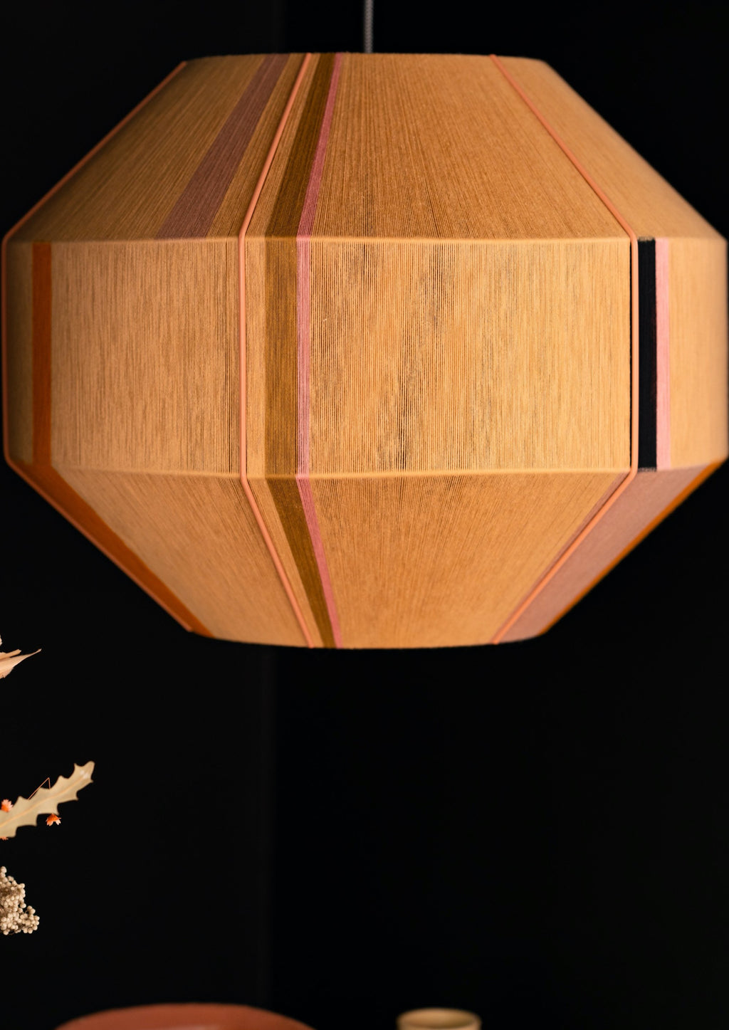 Charlotte Hive pendant light handwoven in sage, peach, periwinkle and natural yarns by Skye Lightly
