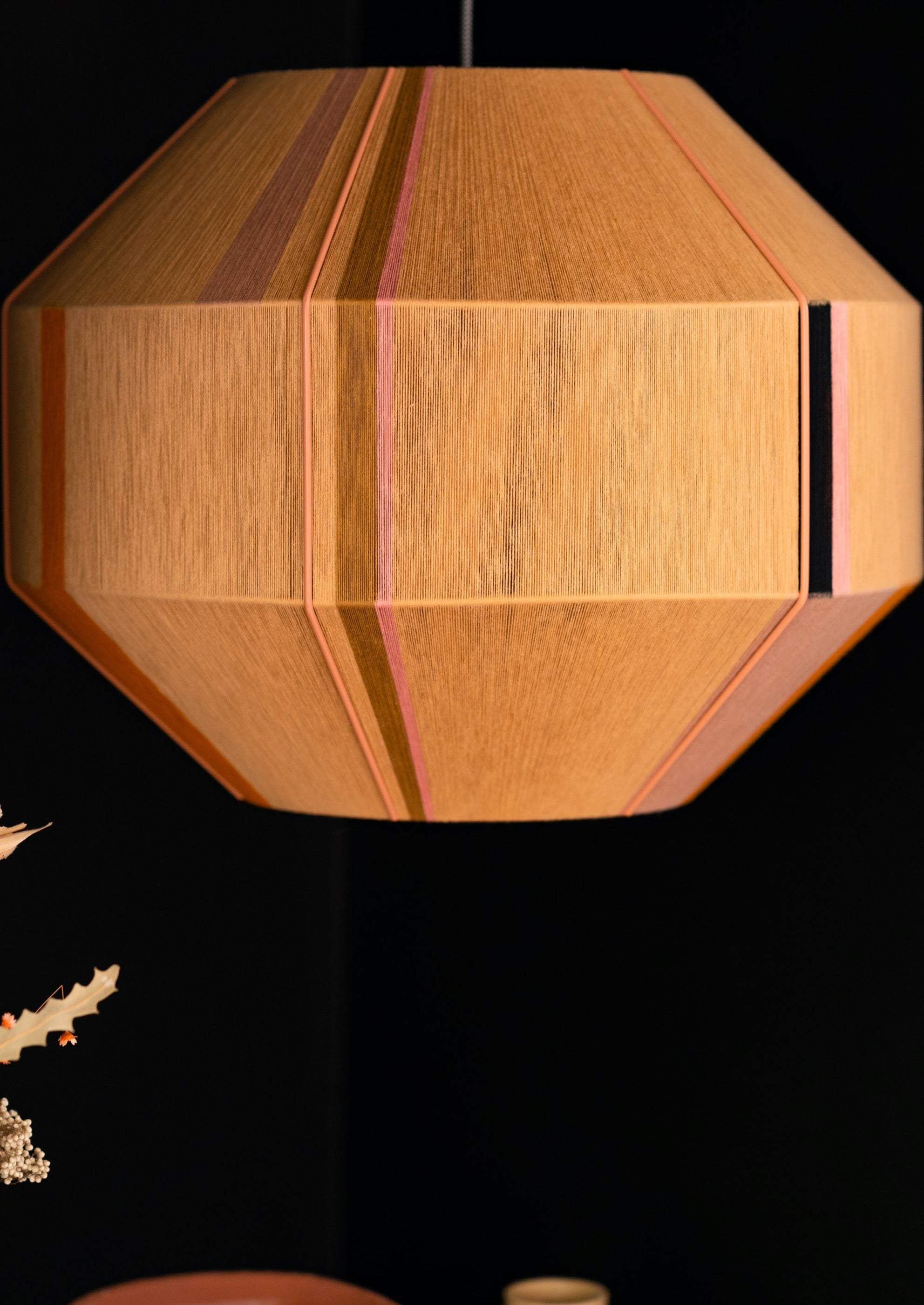 Charlotte Hive pendant light handwoven in sage, peach, periwinkle and natural yarns by Skye Lightly
