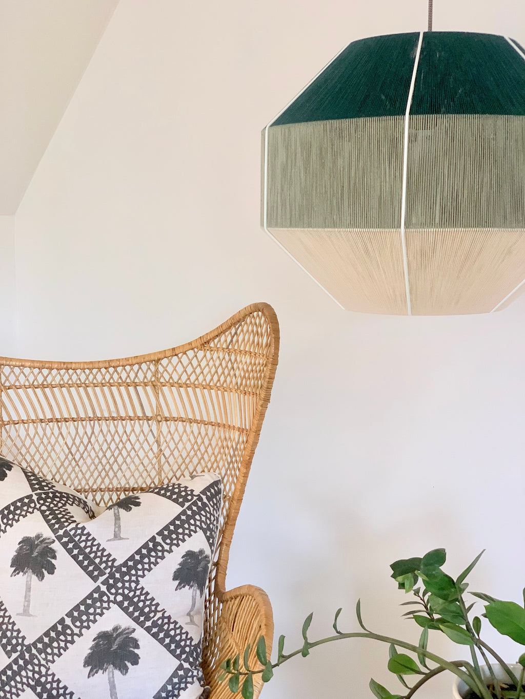 close lifestyle photo of Hive pendant light handwoven in Kentucky green and sage yarns by Skye Lightly