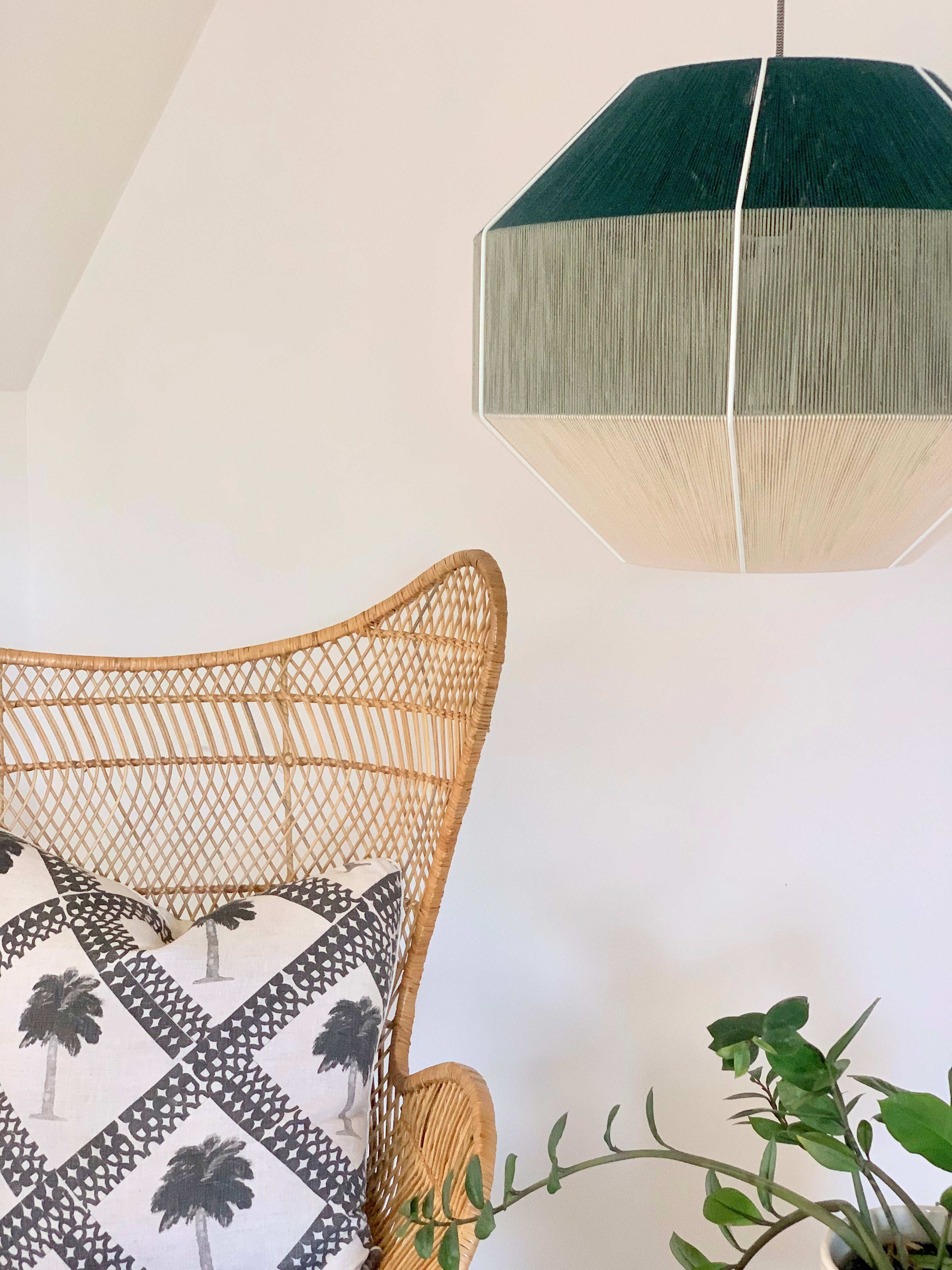 close lifestyle photo of Hive pendant light handwoven in Kentucky green and sage yarns by Skye Lightly