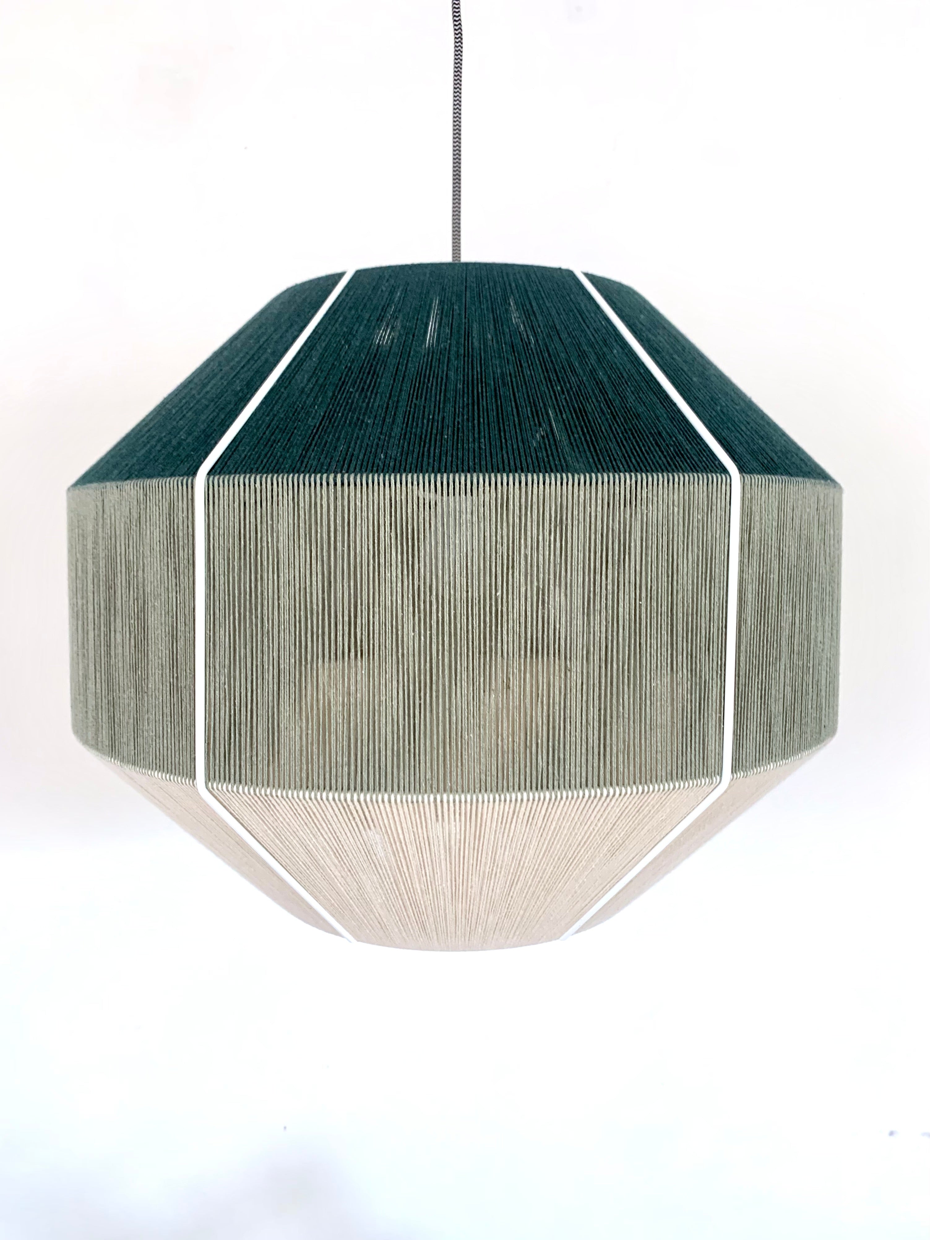 Hive pendant light handwoven in Kentucky green and sage yarns by Skye Lightly