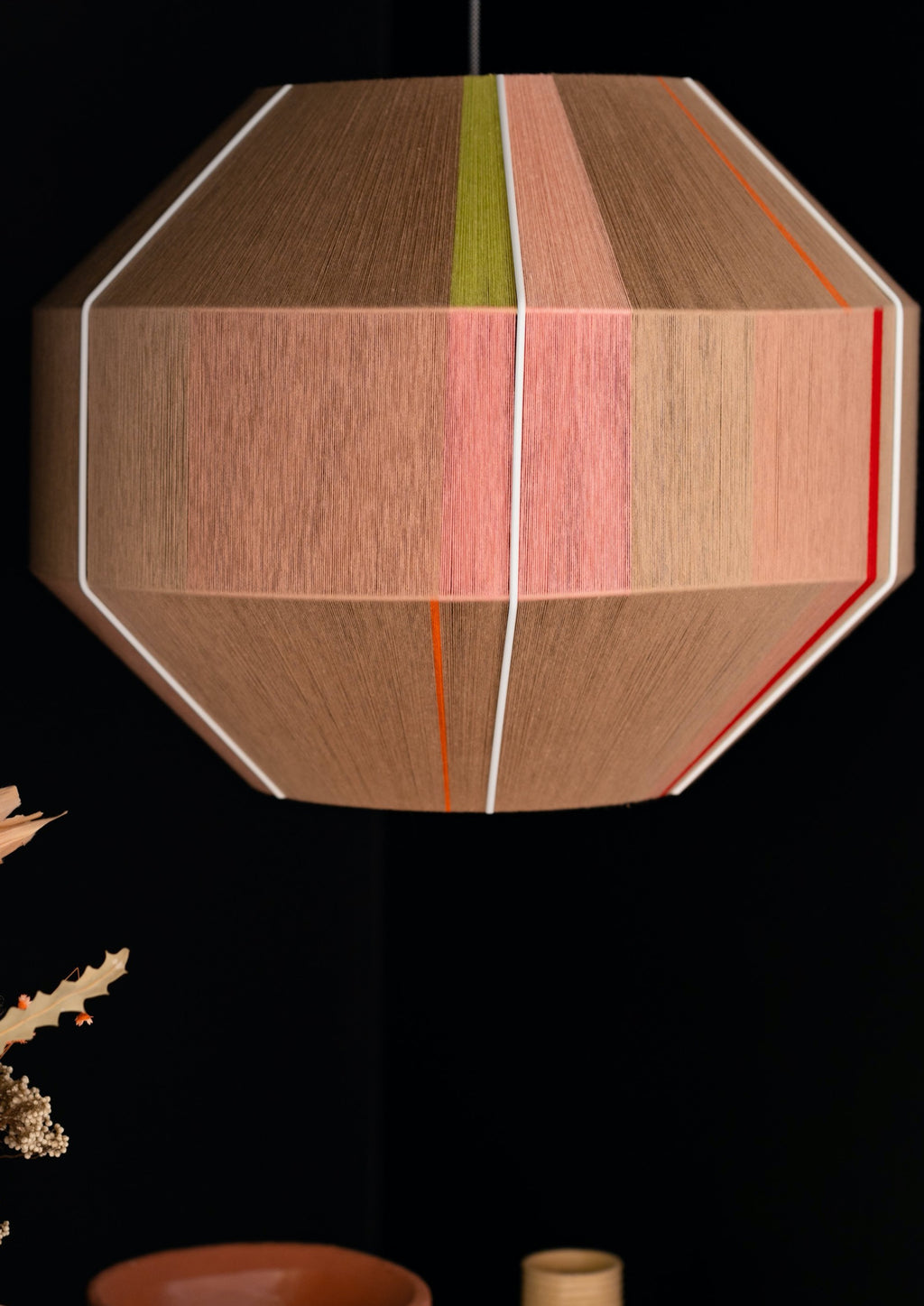 Laura Hive pendant light handwoven in blush, lilac, mustard and natural yarns by Skye Lightly
