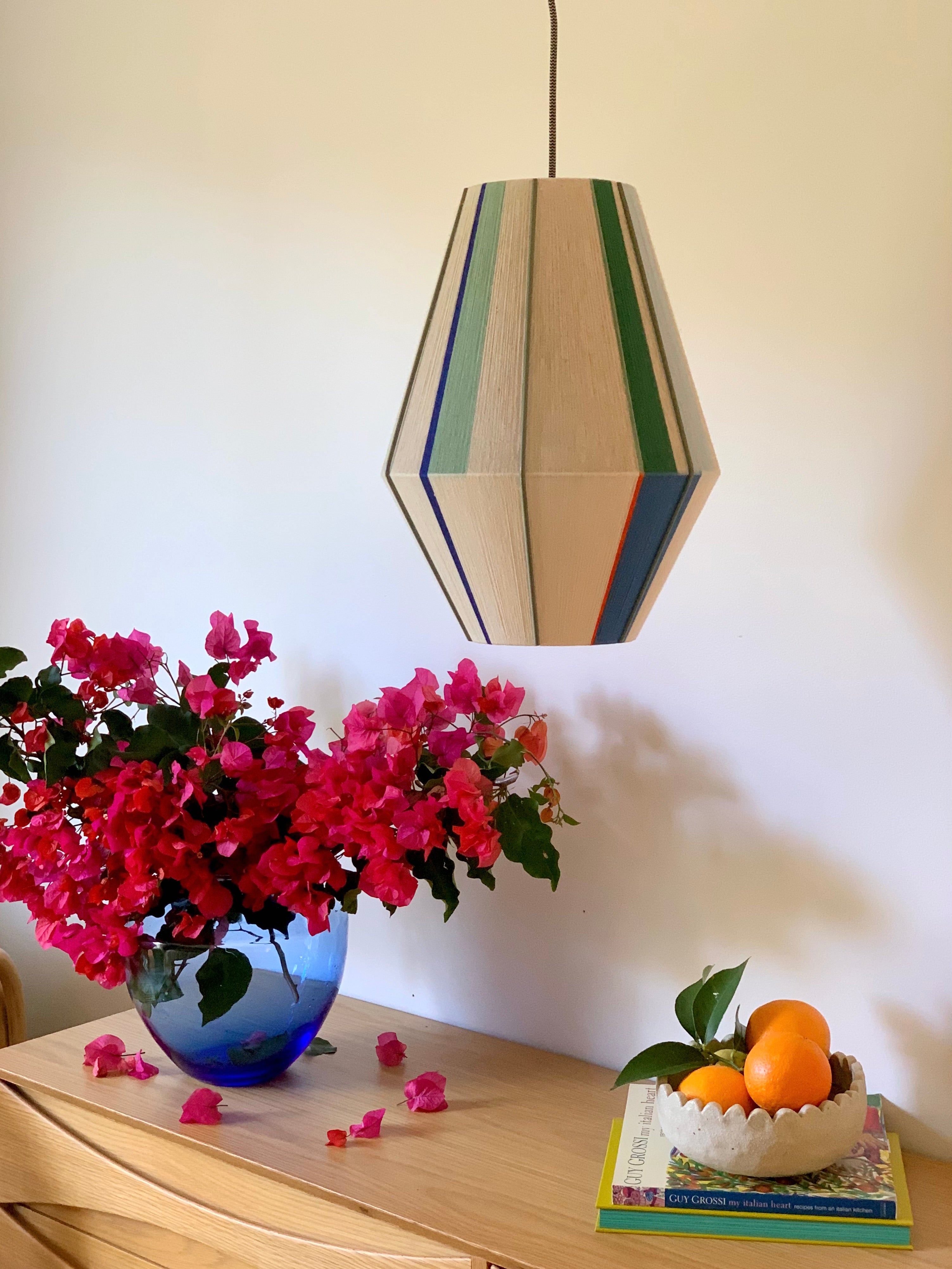 Luca Baya pendant light handwoven in navy, mustard, lilac, and natural yarns by Skye Lightly 3