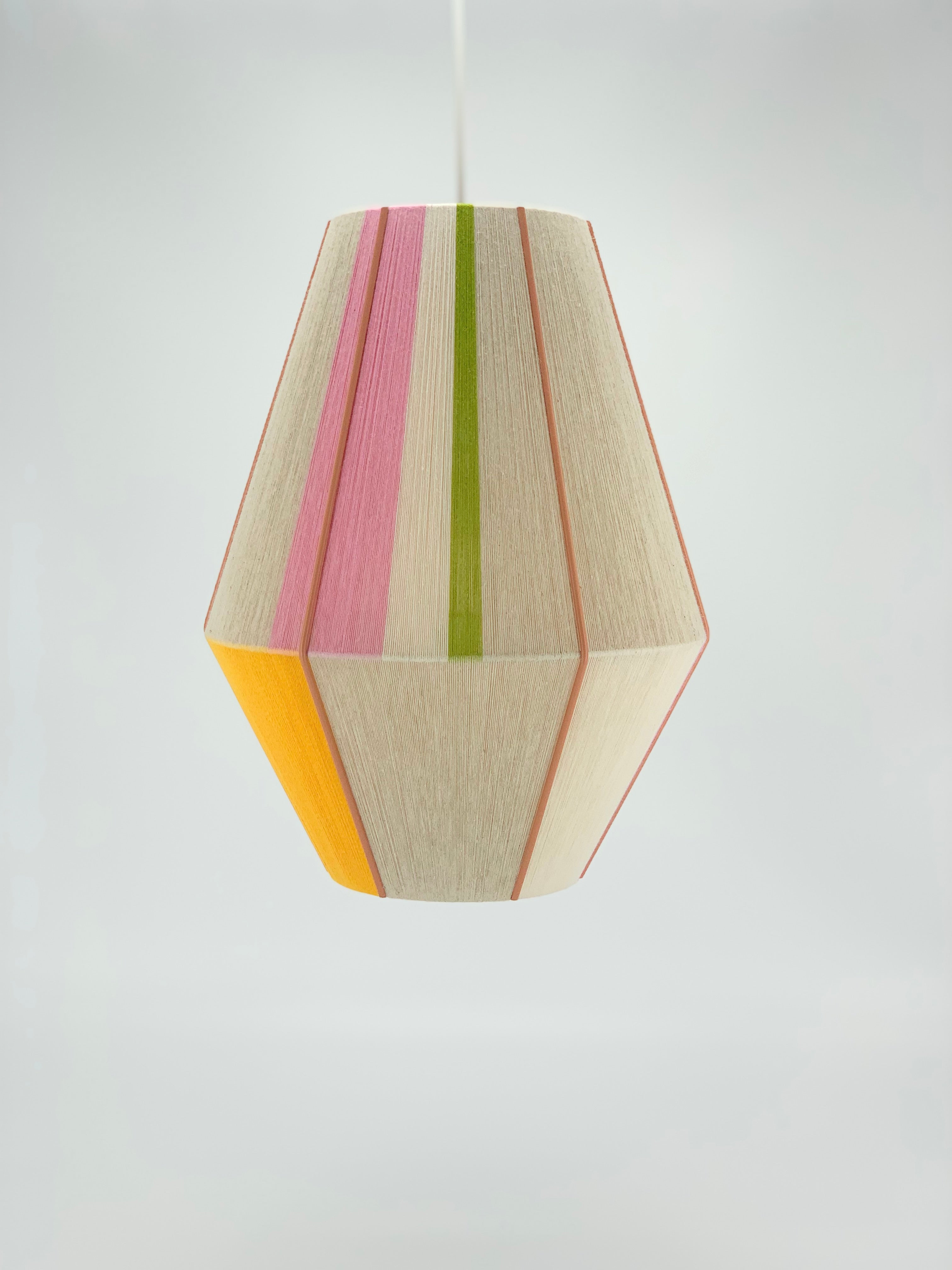 Image 3 of Sofia Baya pendant light handwoven in blush, lavender, buttercup yellow, and natural yarns by Skye Lightly

