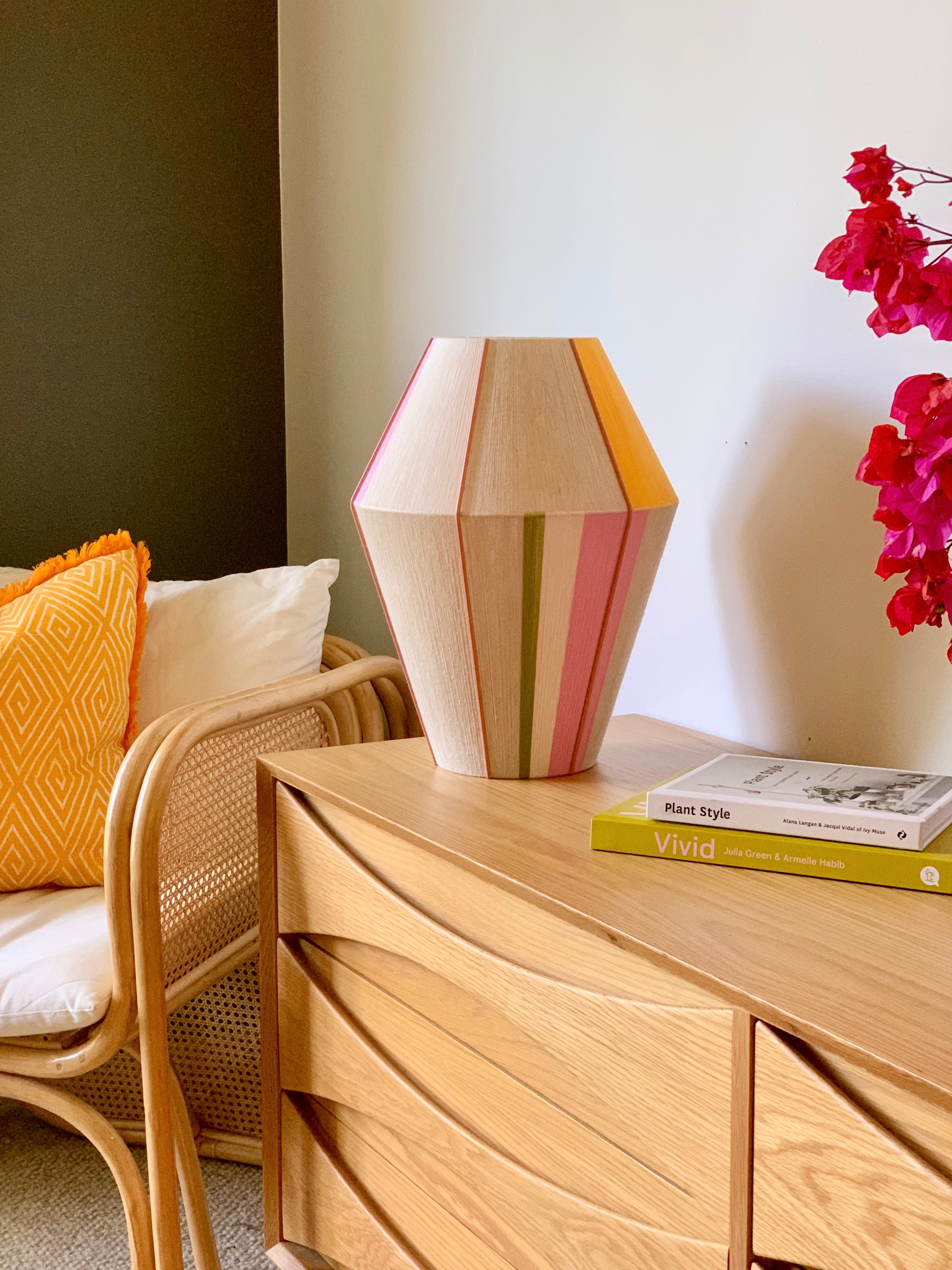 Lifestyle 1 Sofia Baya pendant light handwoven in blush, lavender, buttercup yellow, and natural yarns by Skye Lightly

