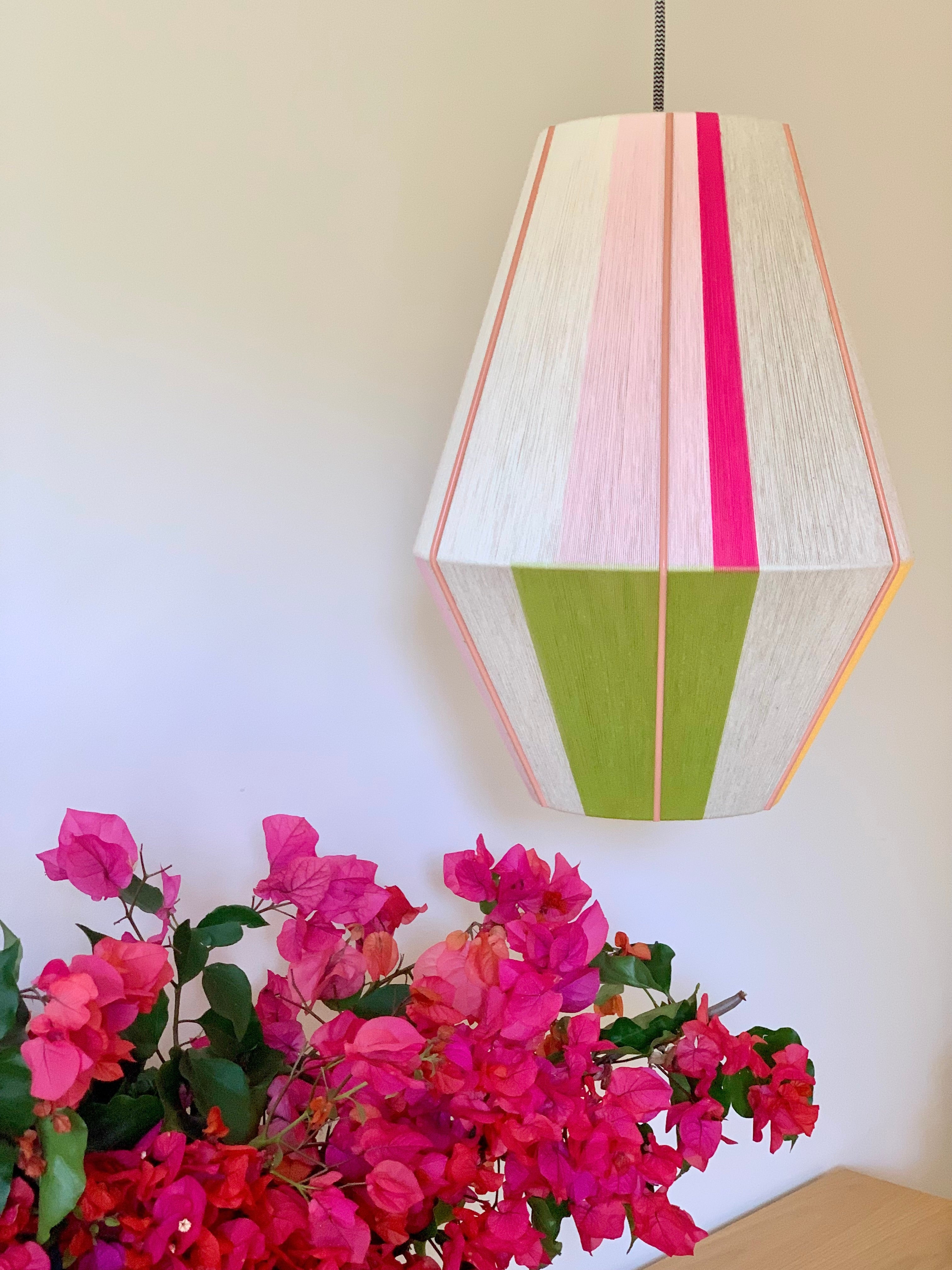 Sofia Baya pendant light handwoven in blush, lavender, buttercup yellow, and natural yarns by Skye Lightly lifestyle image 4