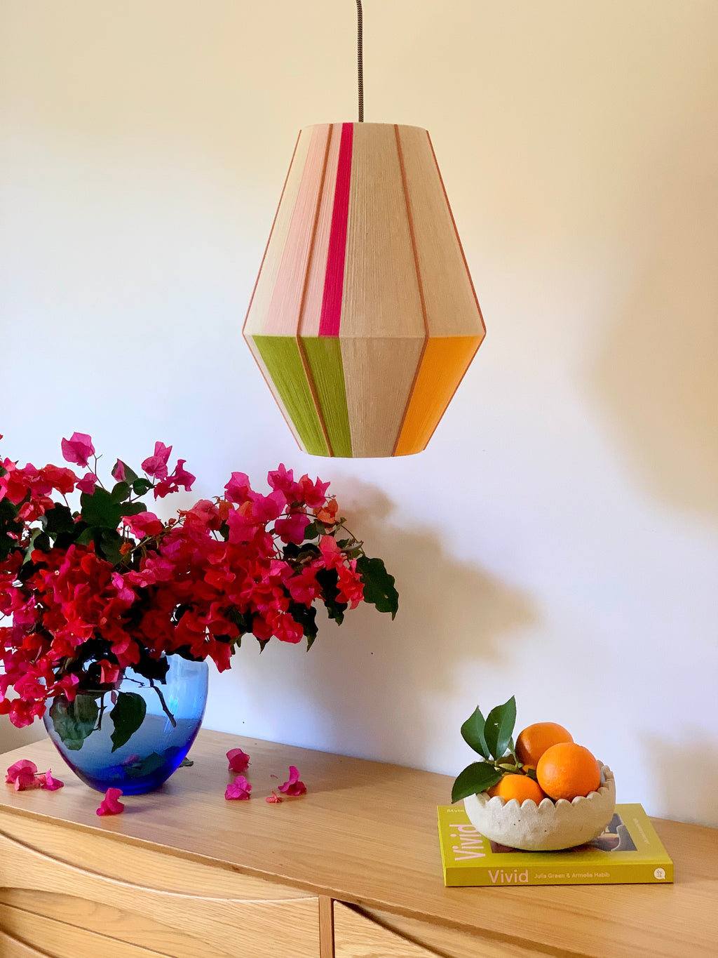 Sofia Baya pendant light handwoven in blush, lavender, buttercup yellow, and natural yarns by Skye Lightly lifestyle 6