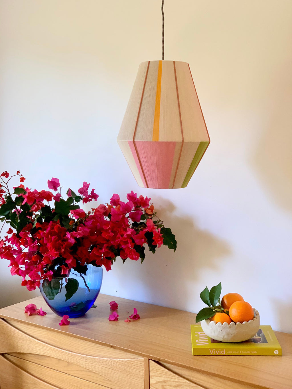 Sofia Baya pendant light handwoven in blush, lavender, buttercup yellow, and natural yarns by Skye Lightly Lifestyle 7