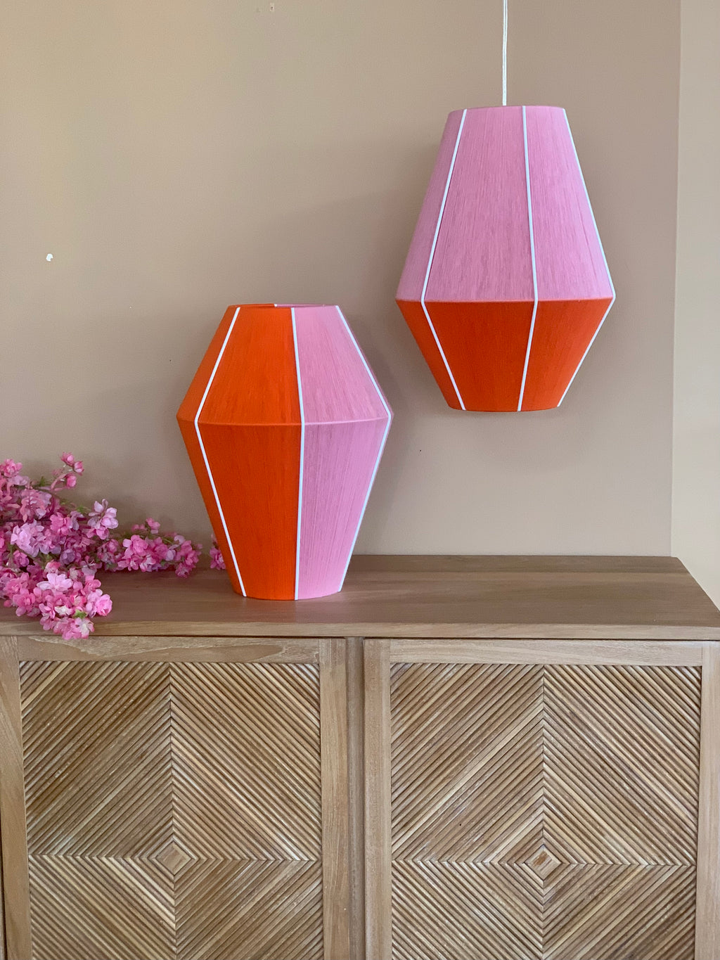 collection image of Taylor Baya pendant light handwoven in mustard, peach, lilac, and natural yarns by Skye Lightly 