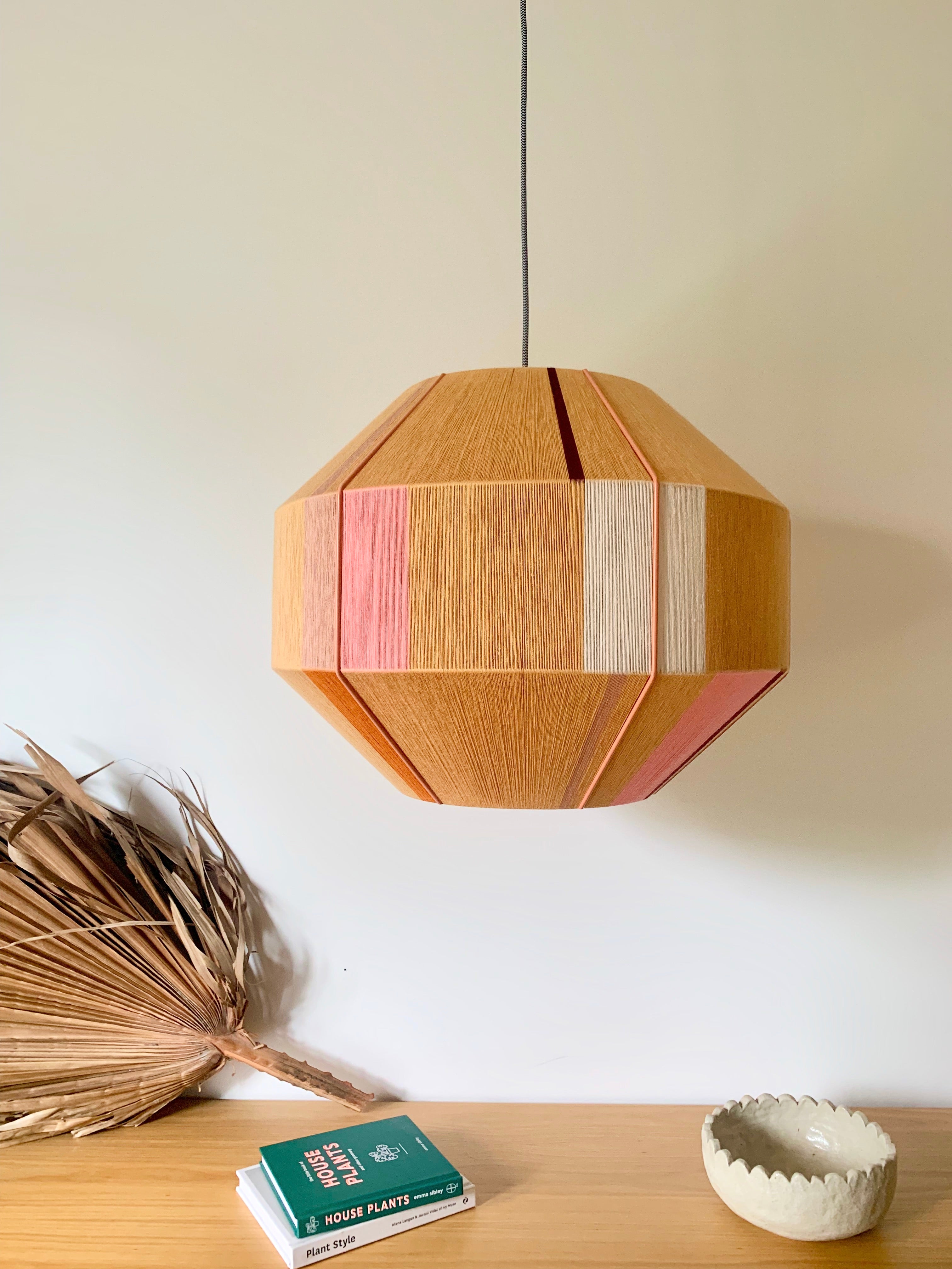 Tommy Hive pendant light handwoven in blue, mustard, coral and natural yarns by Skye Lightly
