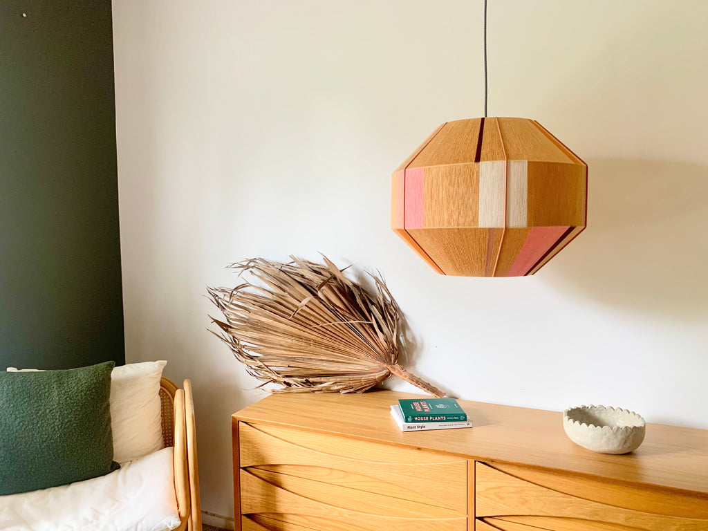 Tommy Hive pendant light handwoven in blue, mustard, coral and natural yarns by Skye Lightly
