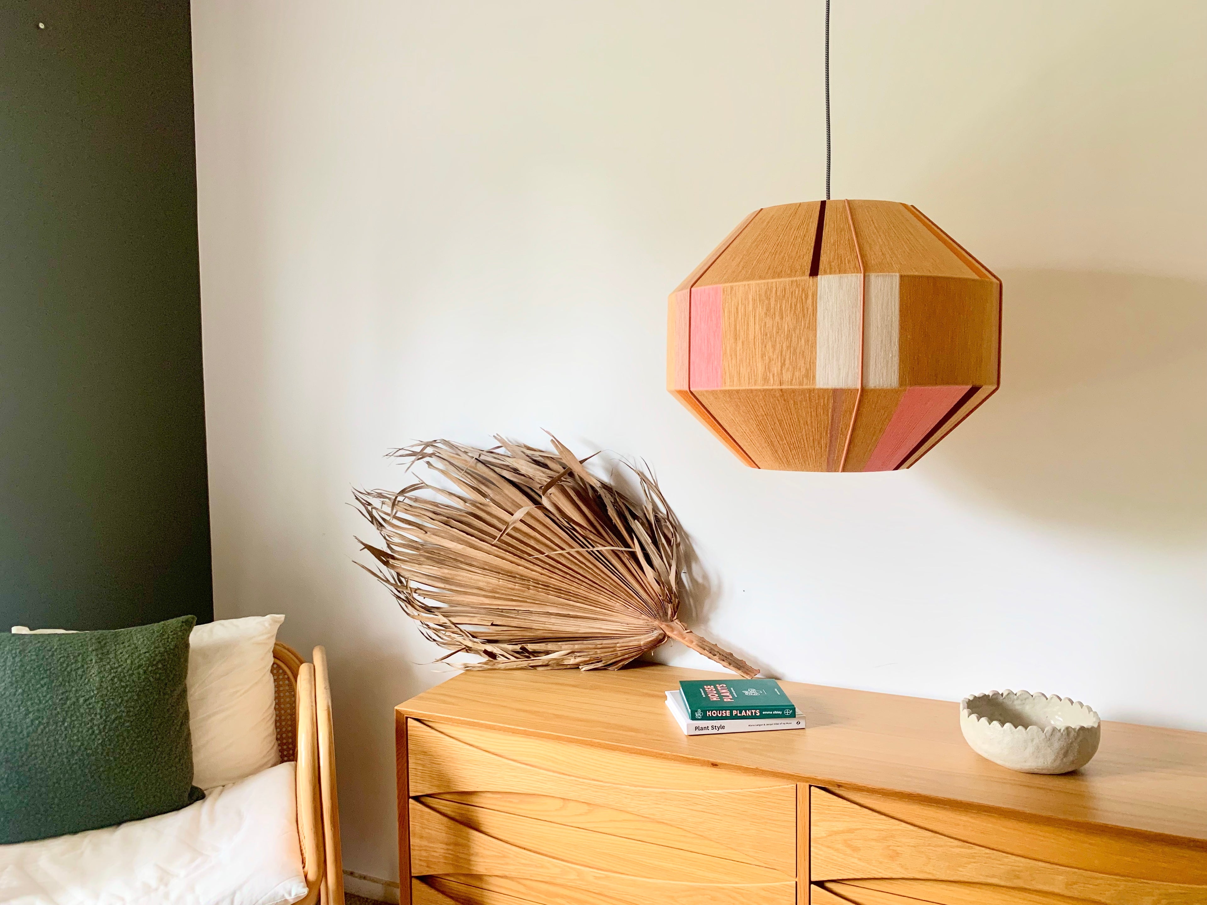 Tommy Hive pendant light handwoven in blue, mustard, coral and natural yarns by Skye Lightly
